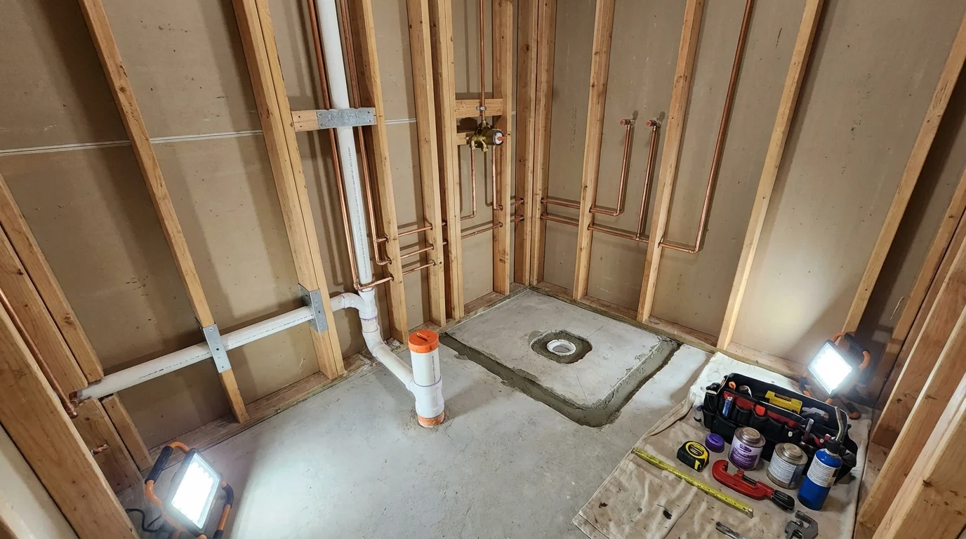 Bathroom rough-in plumbing during remodel by Johns Plumbing LLC in Conrad