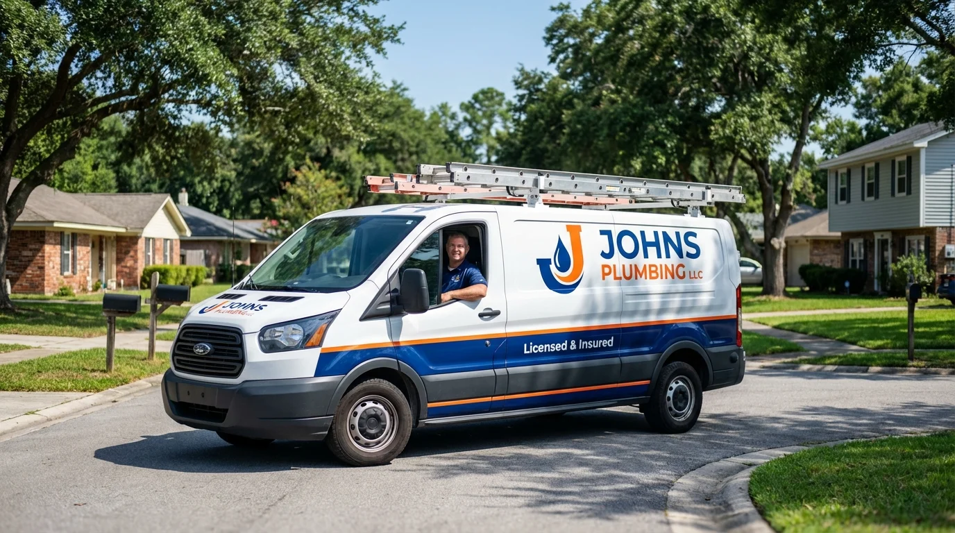 Johns Plumbing LLC service van in Conrad, IA