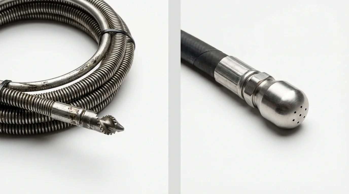 Drain snake cable and hydro jetting nozzle used for drain cleaning in Conrad, IA