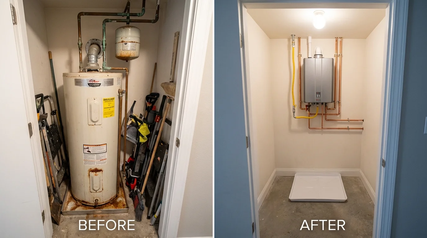 Tank water heater versus wall-mounted tankless unit comparison for Conrad, IA homeowners