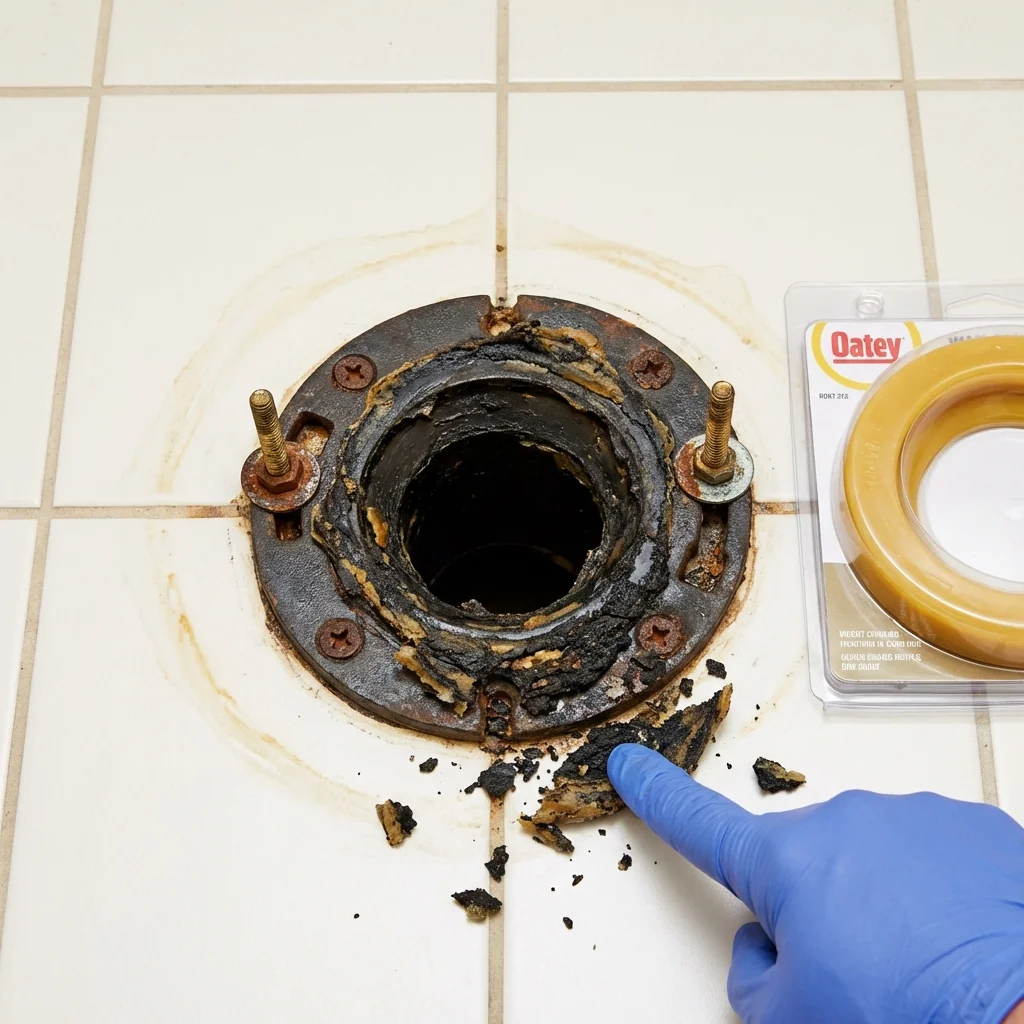 Failed wax ring showing water seepage at the base of a toilet in a Conrad, IA home